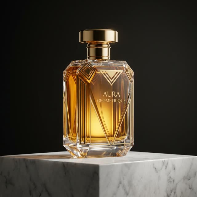 Botella de perfume de lujo sobre mármol, iluminación de estudio